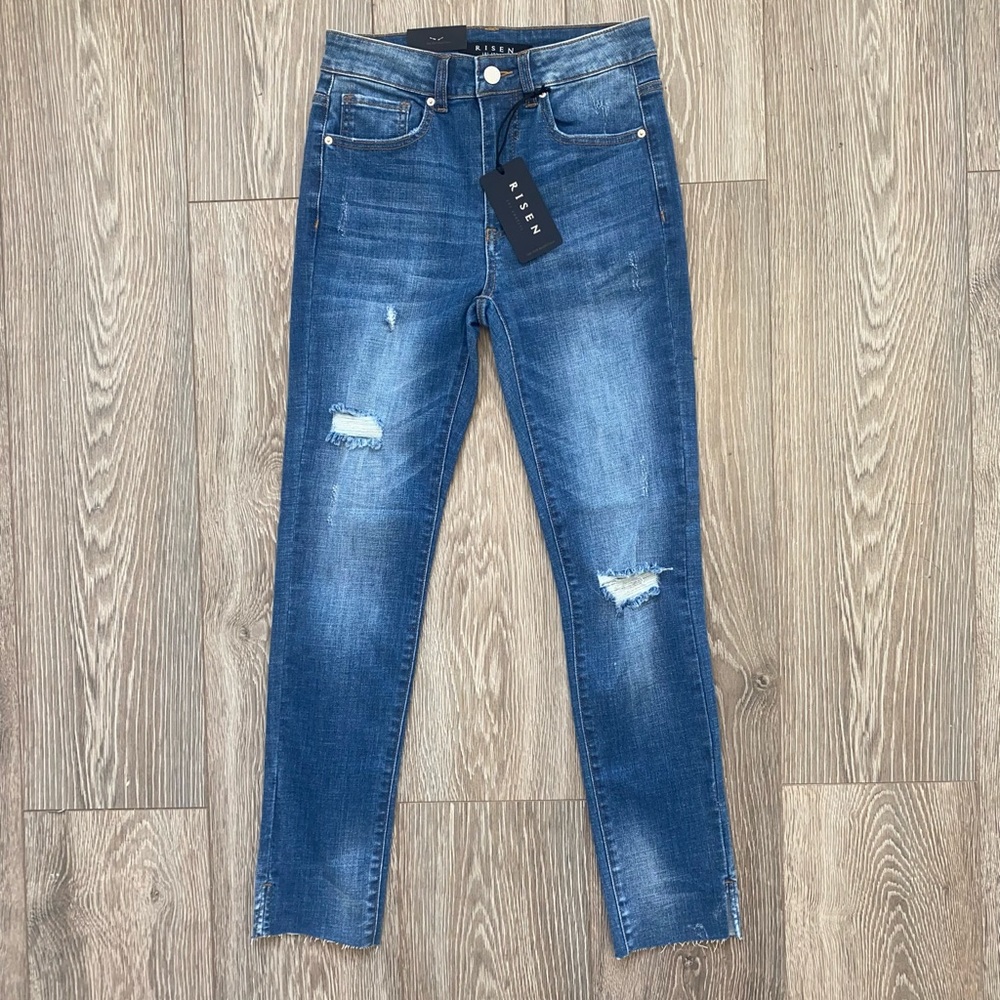 Risen Hi Rise Distressed Skinny Jeans
